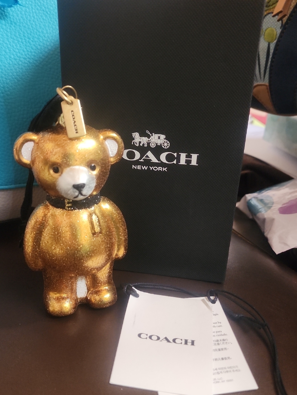 Coach Golden Glitter Teddy Bear Ornament Huge Teddy 5" Tall 2.5" NIB